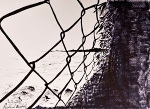 Black and white drawing of a wire mesh fence spanning a beach