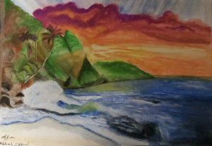 Painting by Abbas Alaboudi depicting a beautiful tropical beach and surrounding hills at sunset