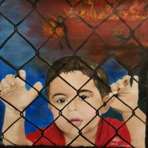 Painting depicting a young child holding onto, and peering through, a linked-wire fence with fire and chaos behind him