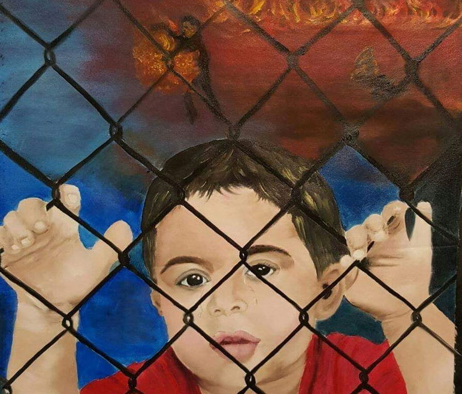 Painting depicting a young child holding onto, and peering through, a linked-wire fence with fire and chaos behind him