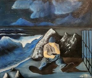 Painting of a dejected man sitting alone on a beach at night with rough seas on one side of him and a wall on the other
