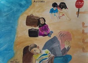 Painting of exhausted refugees with their luggage asleep on an Australian beach. There is a road stop sign on the beach next to them