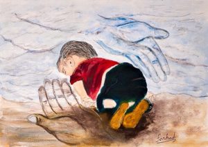 Painting of a young refugee boy by the water’s edge lying face down in the water, with two hands circling him