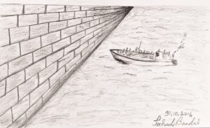 Hopes and dreams exhibition painting depicting a boat containing refugees travelling directly toward a massive brick wall