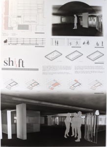 Poster titled Shift by Rose Mollica, displaying floor plans and artist’s impressions of a multi-level structure
