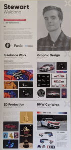 Poster by Stewart Weigand divided into four parts: graphic design, freelance work, 3D production and BMW car wrap