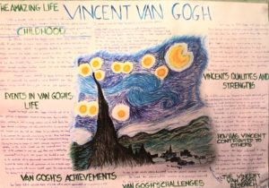 Poster created by Steiner student describing Vincent Van Gogh’s life and depicting a image of his Starry Night painting, recreated by the student