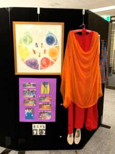 Orange chiffon dress with artwork and photographs depicting the dress