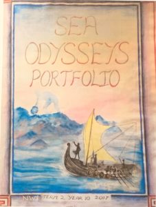 Painting titled Sea Odysseys Portfolio, created by a year 10 Steiner student. Painting depicts a Viking style boat sailing towards land