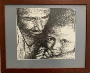 Black and white drawing depicting a man holding a young child close
