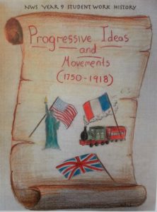 Artwork created by a year 9 Steiner student depicting a paper scroll with the title “Progressive ideas and movements”, 1750-1918