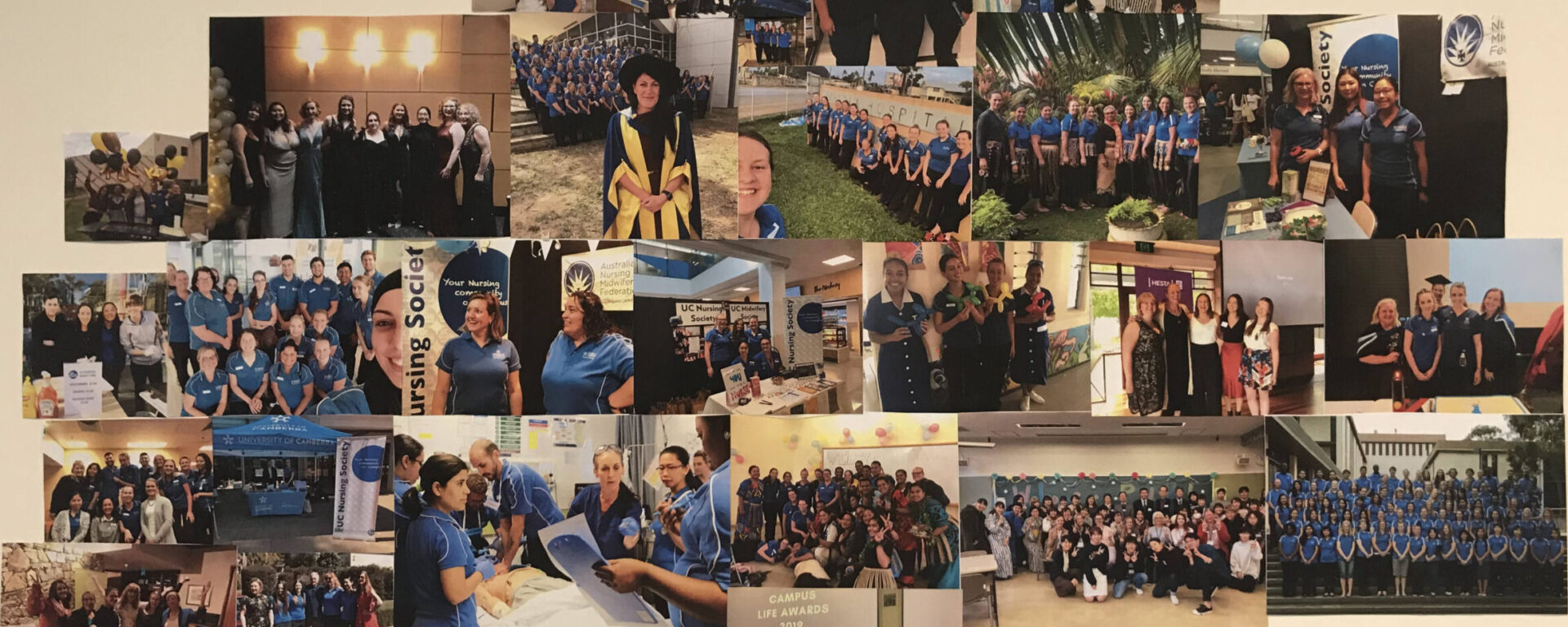 Collection of photos of University of Canberra Health faculty staff and students, attached to a wall