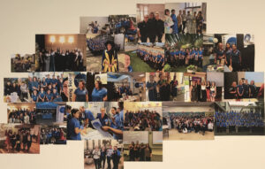 Collection of photos of University of Canberra Health faculty staff and students, attached to a wall