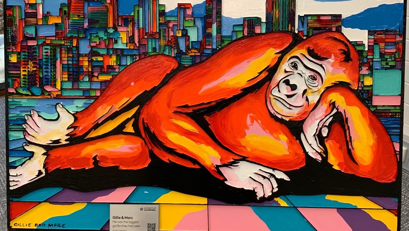 reclining gorilla colour woodcut artwork
