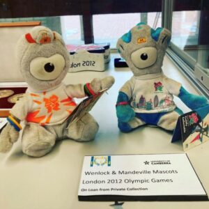 two plush teddy bears named Wenlock and Mandeville who were mascots for London Olympic games in 2012